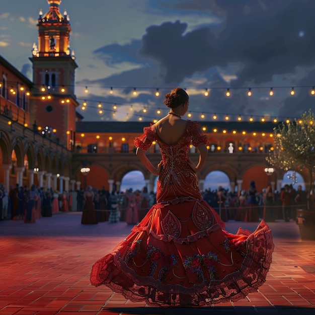 アンダルシア・フェスティバル・フラメンコ・パフォーマンス 赤いドレスの女性 庭の画像
