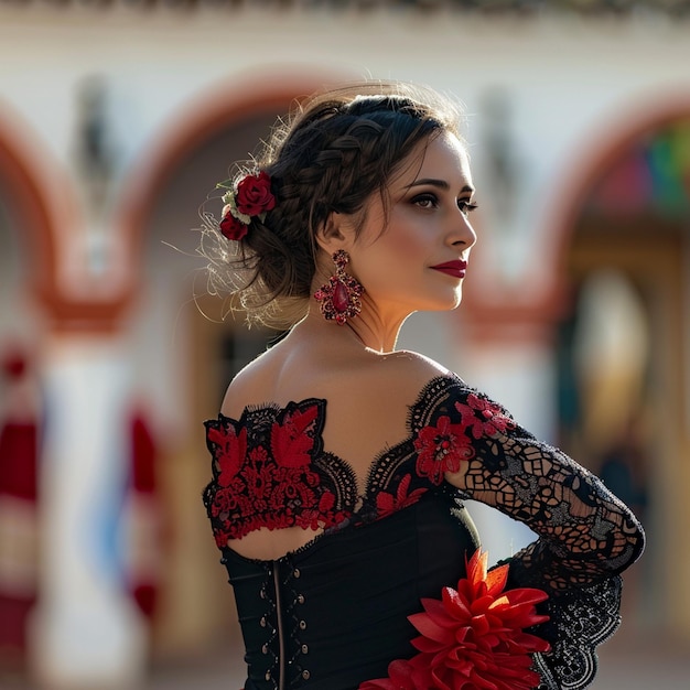 Andalusische festival flamenco danseres met rode bloem in haar