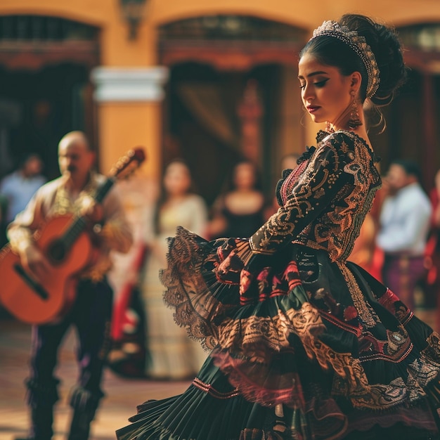 Andalusische Fiesta Flamenco Muziek Vrouw die gitaar speelt Beeld