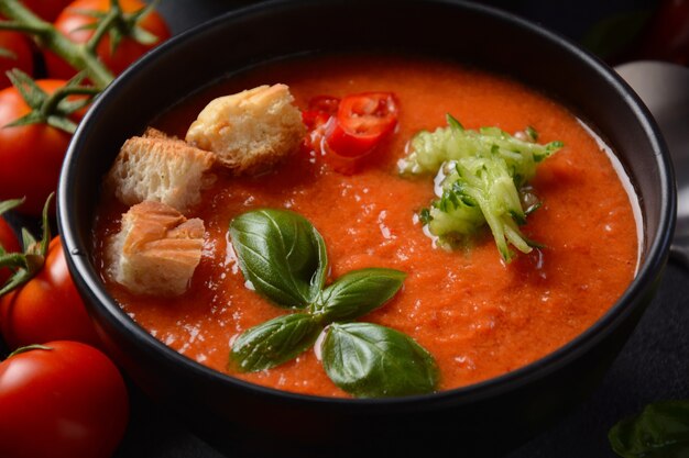 Andalusische gazpacho. Rode tomaten koude gazpacho soep in glas, met komkommer, ui, basilicum, chilipepers en croutons.