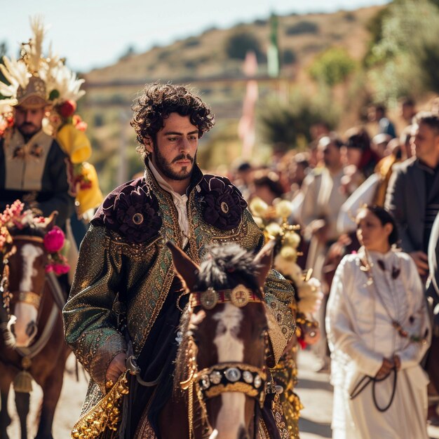 Andalusische pelgrimstocht paardrijders op straat afbeelding