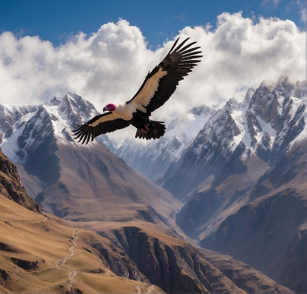 Photo andean bird flying above the mountains