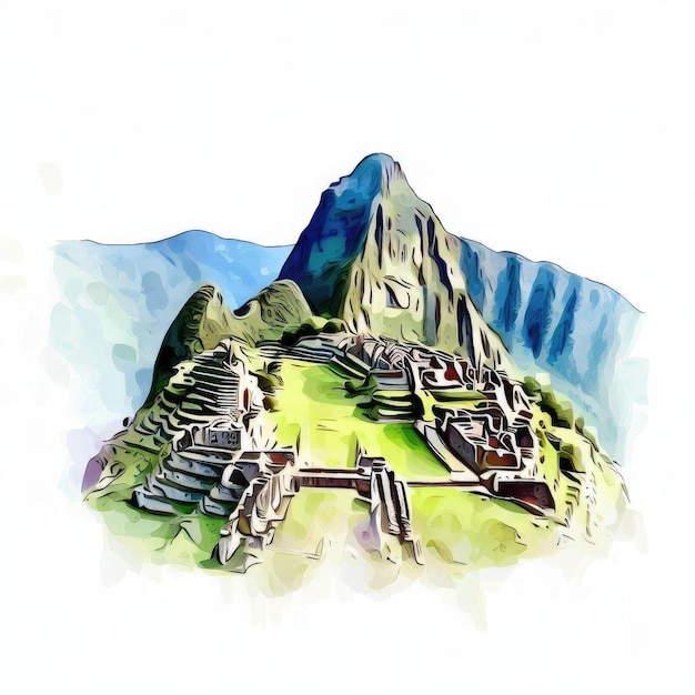 Foto illustrazione ad acquerello di machu picchu da parte di andean majesty generative ai