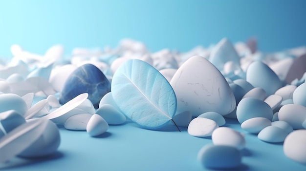 Andere websjabloon met wit voor decoratieontwerp Witte en blauwe stenen met verspreid blauw blad Tropische achtergrond elegant futuristisch ontwerp en lichte omgeving