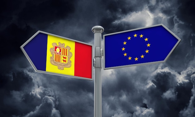 Andorra and European Union guidepost Moving in different directions 3D Rendering