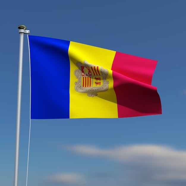 Photo the andorra flag is waving in front of a blue sky with blurred clouds in the background
