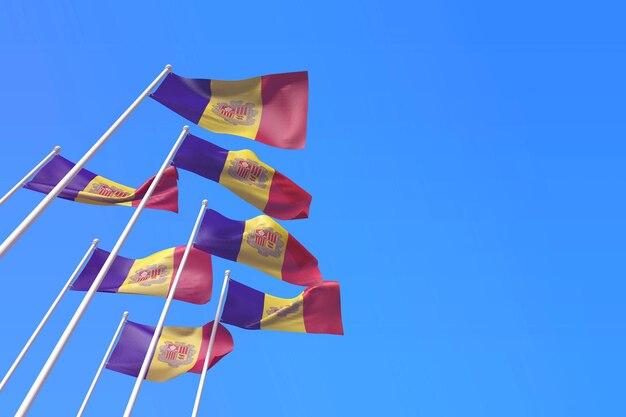 Andorra flags waving in the wind against a blue sky d rendering