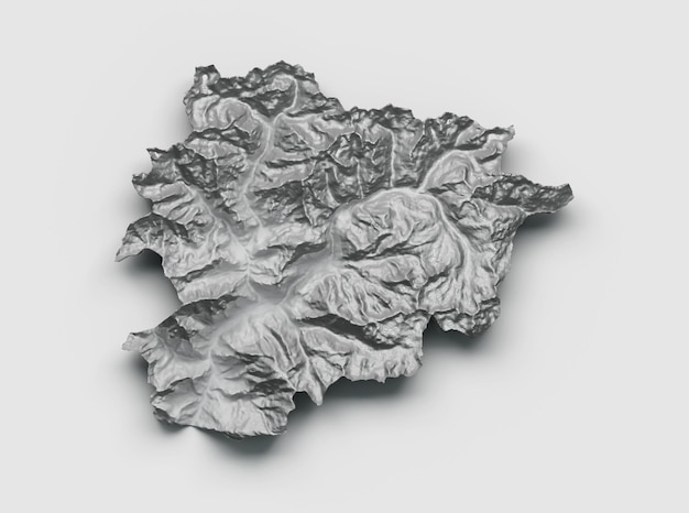 Andorra Map Burma Shaded relief Height map on white Background 3d illustration