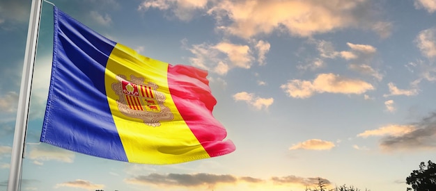 Andorra waving flag in beautiful sky.