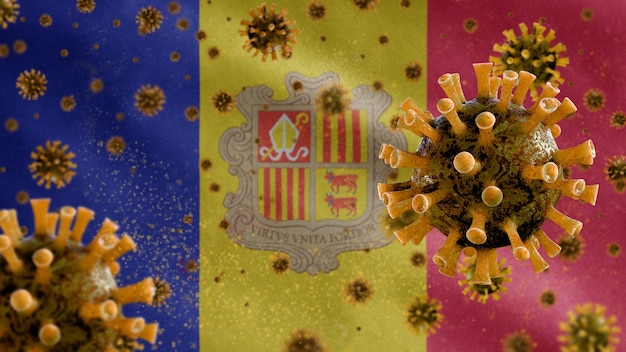 Andorran flag waving with coronavirus microscope virus