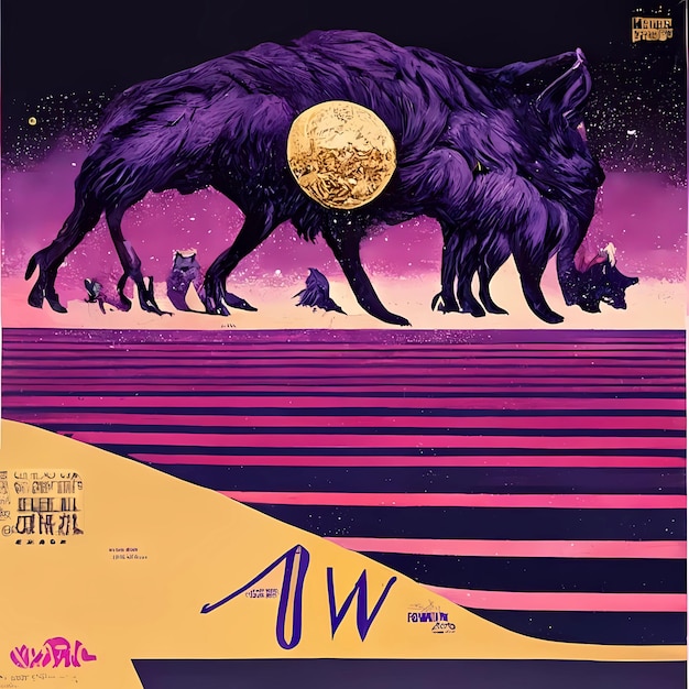 Andrewolf purple and yellow retro Japanese art style album cover poster Created using generative