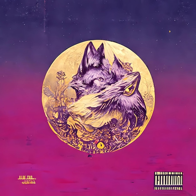 Andrewolf purple and yellow retro Japanese art style album cover poster Created using generative
