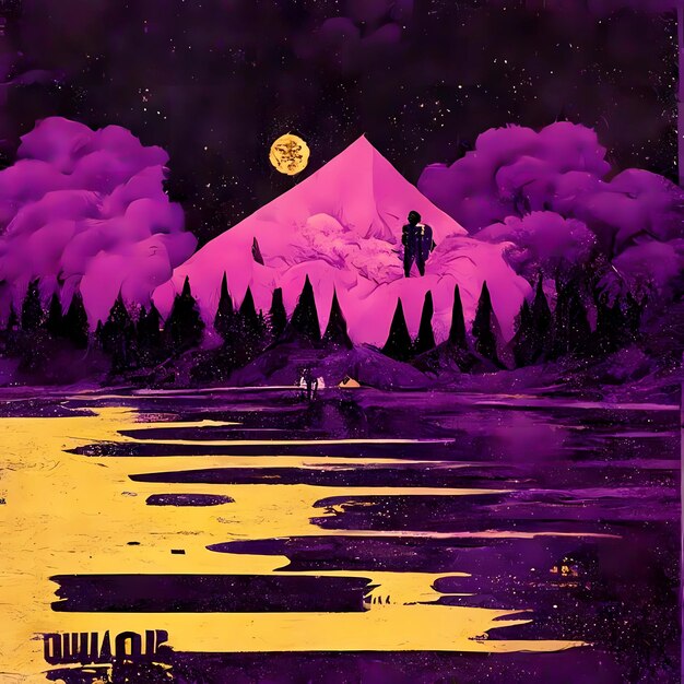 Andrewolf purple and yellow retro Japanese art style album cover poster Created using generative