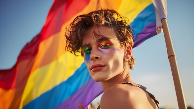 Foto una persona androgina nella pride parade con il trucco dell'arcobaleno