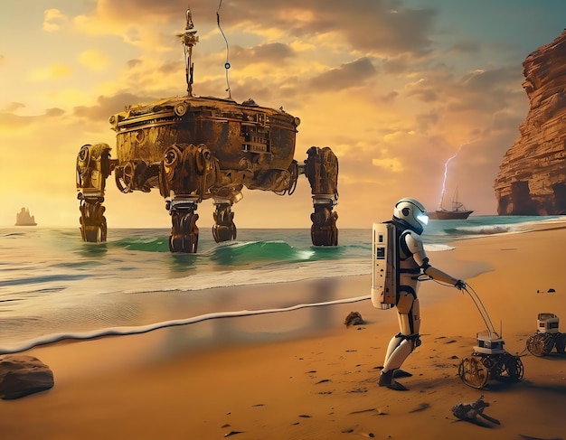 アンドロイドの考古学者が海底で古代のロボットの遺物を発見する