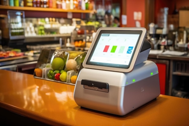 Android cashier handling contactless payment terminal created with generative ai