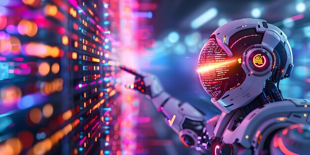 an android exploring digital world pointing at glowing coding interface concept technology android exploration coding interface digital world glowing tech