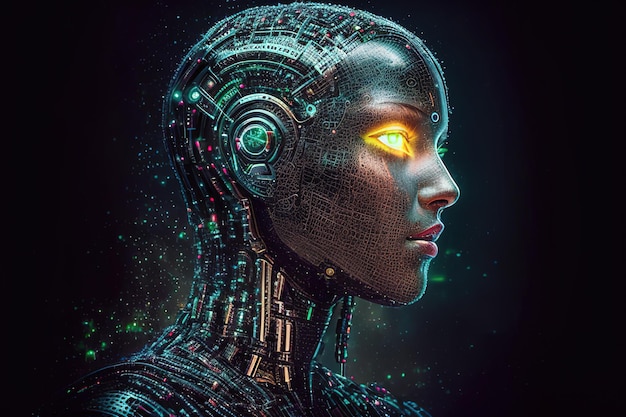 매트릭스 공간의 안드로이드 여성 형태의 인공 지능 생성 AI