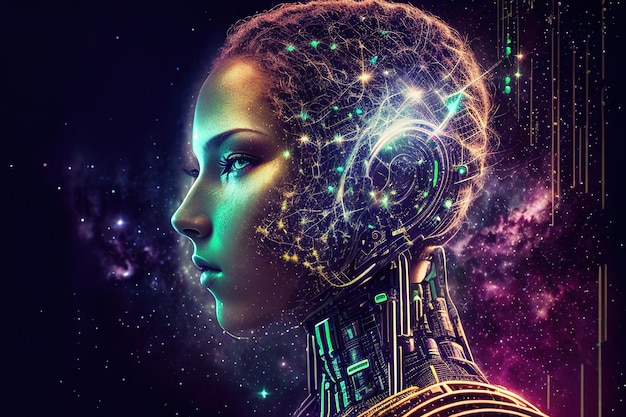 매트릭스 공간의 안드로이드 여성 형태의 인공 지능 생성 AI