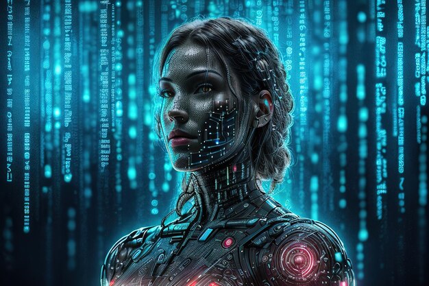 マトリックス空間のアンドロイド 女性の形の人工知能 ジェネレーティブ AI