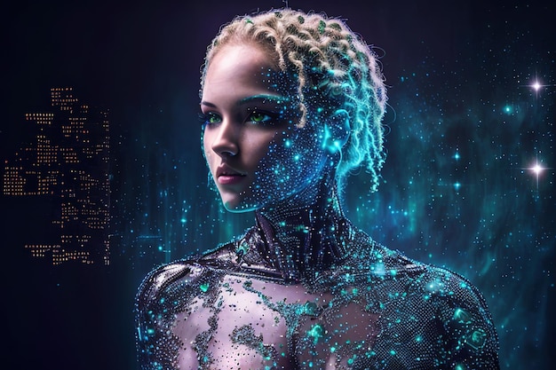 マトリックス空間のアンドロイド 女性の形の人工知能 ジェネレーティブ AI