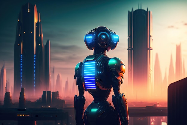 Android robot on background of cyberpunk city of future Postprocessed