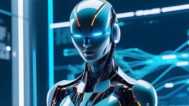 Фото Андроид-робот-женщина-киборг, символизирующая слияние человечества и ии с гладким металлическим