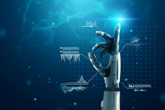 Photo android robot hand on blue futuristic background. future concept, sci-fi background, artificial intelligence, automation, modern style. 3d rendering, 3d illustration.