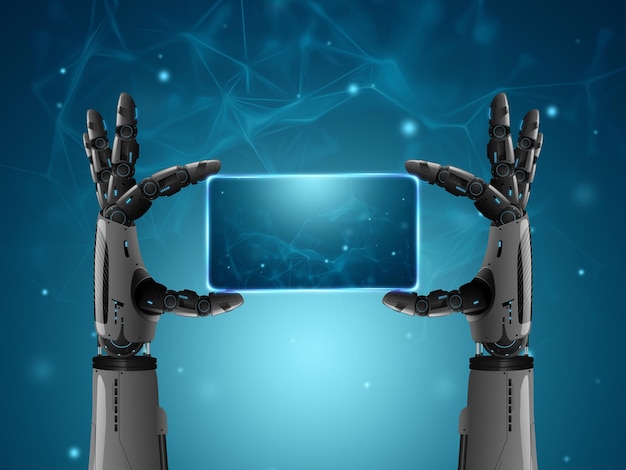 Android robot hand on blue futuristic background. Future Concept, Sci-fi Background, Artificial Intelligence, Automation, Modern Style. 3D rendering, 3D illustration.