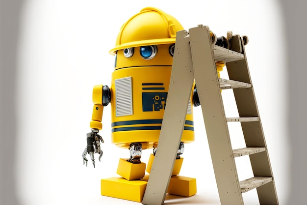 Android robot helps at construction climbed to large ladder and holds it generative ai