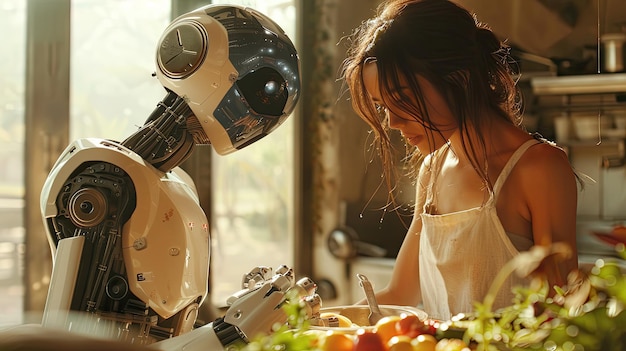 The android robot helps the girl in cooking