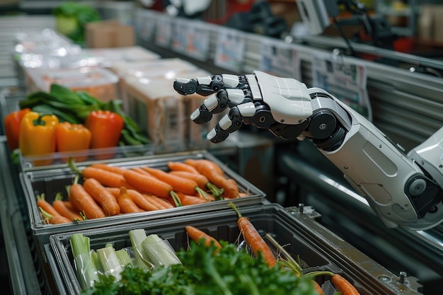 The android robot packs fresh vegetables