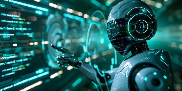 android robot pointing finger in a futuristic digital world surrounded by computer coding concept technology android robot futuristic world digital coding pointing finger
