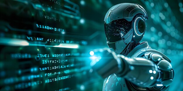 android robot pointing finger in a futuristic digital world with computer coding concept futuristic technology android robots digital world computer coding science fiction