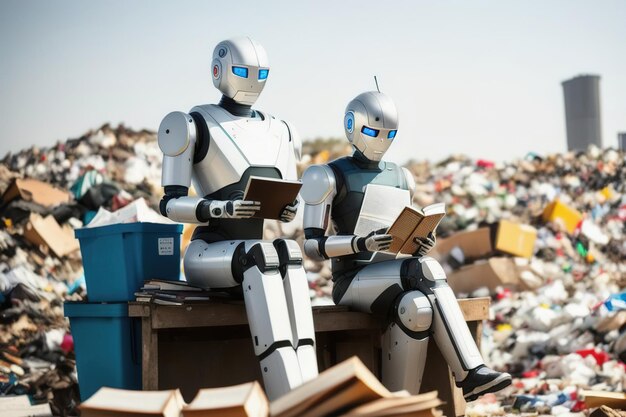 Foto un robot androide legge un libro seduto su una panchina sullo sfondo di una discarica