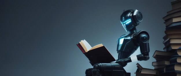 Android robot reads a book sitting on a bench AI generative