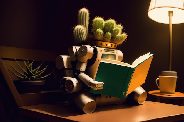 Android 로봇이 AI 제너레이티브 라이브러리의 벤치에 앉아 책을 읽습니다.