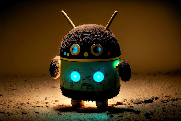 Android ロボットは、暗闇の中で照らされた目で Android を掃除機で掃除します 生成的な ai