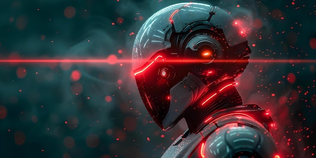 Foto un robot android con occhi rossi luminosi in un ambiente oscuro futuristico concept tecnologia futuristica androidi occhi rossi brillanti ambiente oscuro scifi estetica