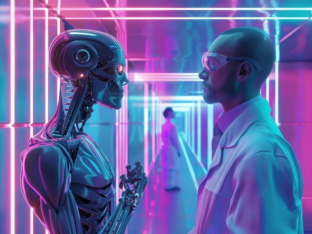 Android synthetische huid overweegt rechten met een wetenschapper in een slanke sci-fi gang onder neonlichten realistische digitale illustratie Rembrandt verlichting effect Macro shot
