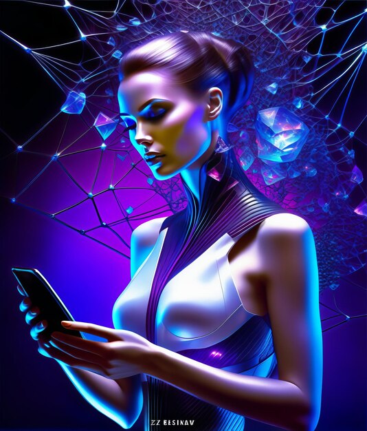 Android woman white scifi holographic dress typing on the phone