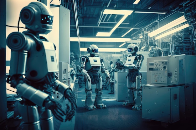 Androïden werken in futuristische en hightech fabrieken en bouwen andere androïden van de toekomst