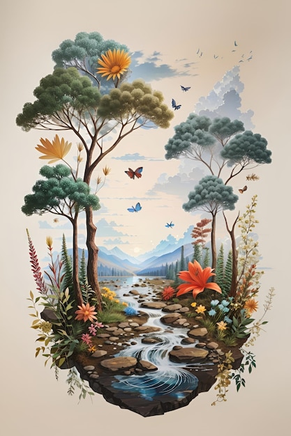 andscape with mountains trees birds and lake in vintage style