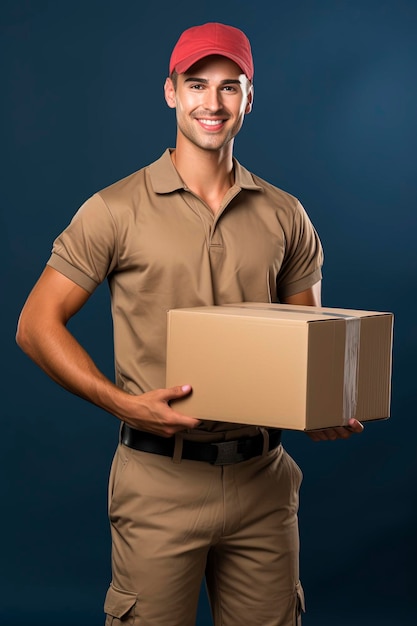 andsome young delivery man with box full body