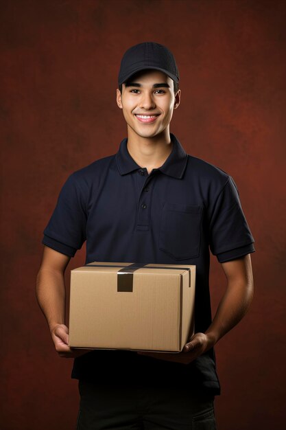 andsome young delivery man with box full body