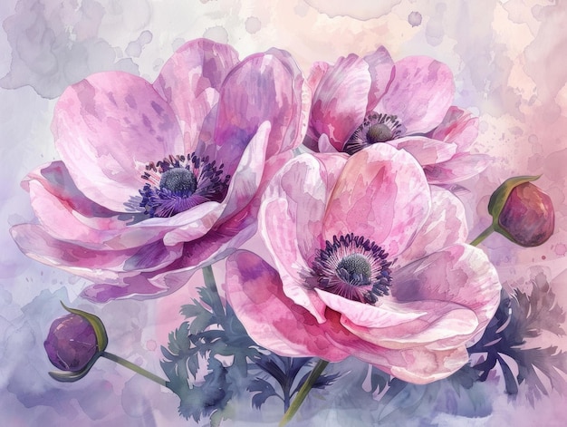 Anemone flower watercolor illustration