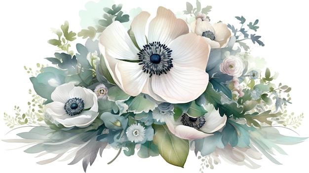 Anemones and flowers are displayed on a white background.