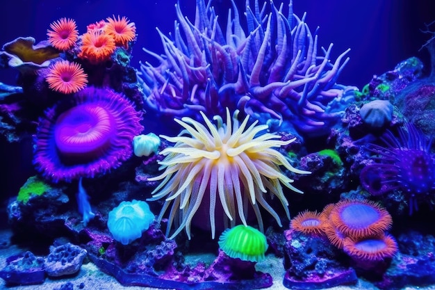 Anemones and other sea life glowing under a uv dive torch