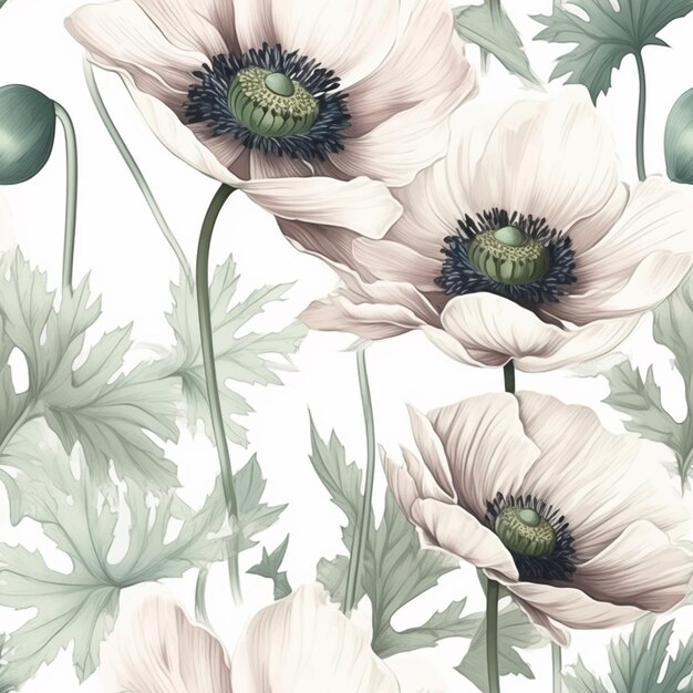 Anemones on a white background with green leaves.