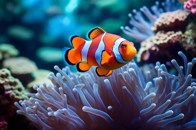 anemoonvis Nemo zwemt tussen de tentakels van een anemoon met andere vissoorten